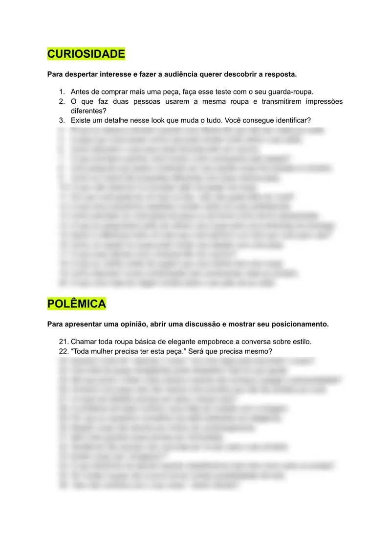 Página do Banco de 100 Ganchos com Bossa, com ganchos de curiosidade e de polêmica, parte embaçada